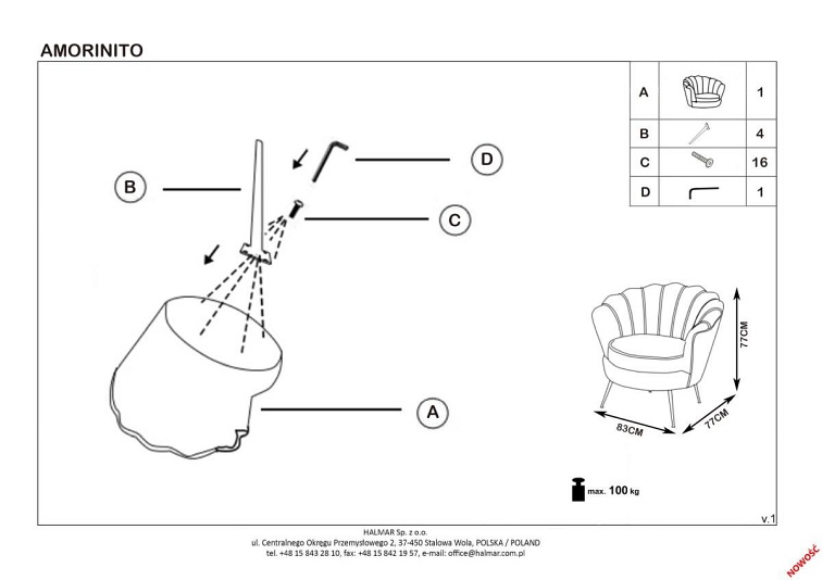 Fotel Wypoczynkowy AMORINITO Złoty/Popielaty