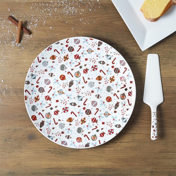 Talerz na Ciasto z Łopatką Świąteczny 30cm Biały