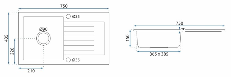 Zlewozmywak Granitowy DAG 75x44 + Syfon Szary