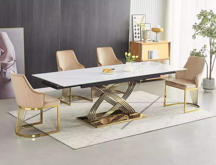 Stół Rozkładany HERMES II (160-240)x90 Biały Marmur/Złoty