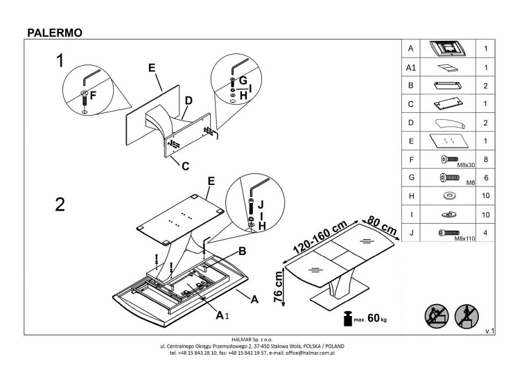 Stół Rozkładany PALERMO (180-140)x80 Biały Mat