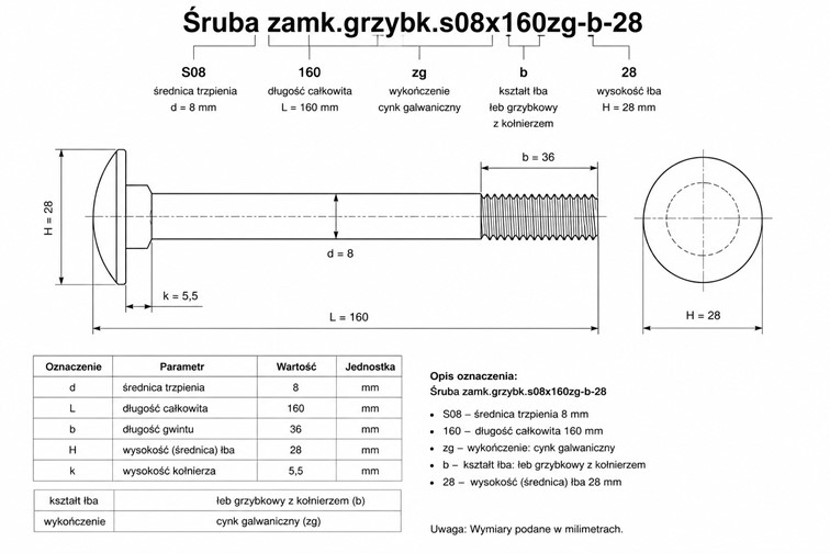 Śruba Zamkowa s08.0x160-ZG-B-28 1kg Chrom