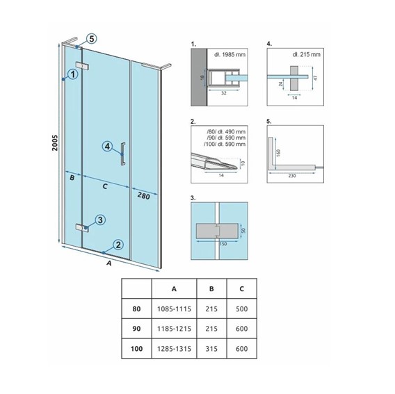 Drzwi Prysznicowe HUGO 80 Złoty Szczotkowany
