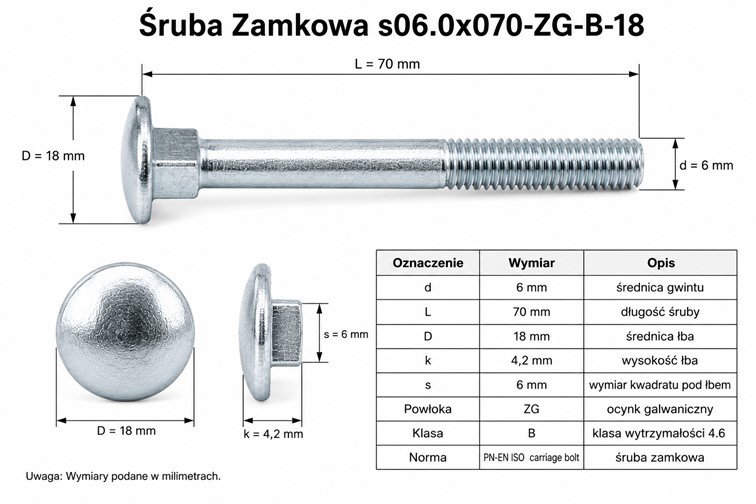 Śruba Zamkowa s06.0x070-ZG-B-18 1kg Chrom