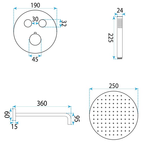 Zestaw Natryskowy Podtynkowy LUNGO DIAMOND + BOX z Termostatem Miedź