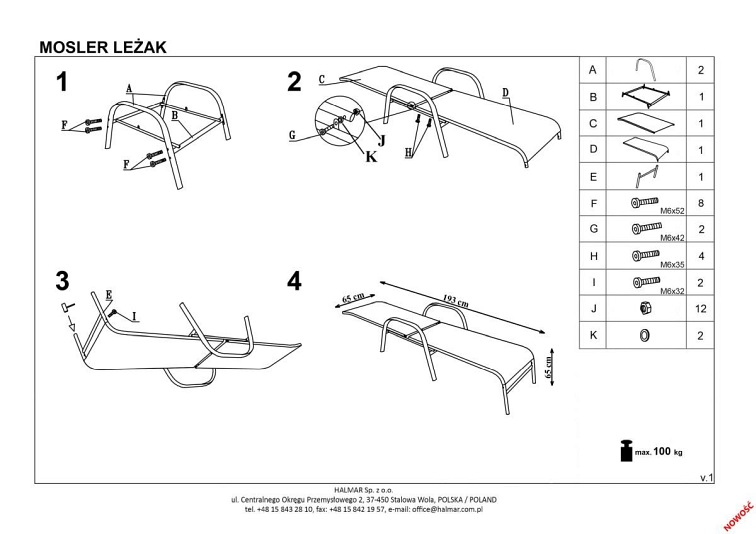 Leżak Ogrodowy MOSLER Popielaty/Ciemny Popiel