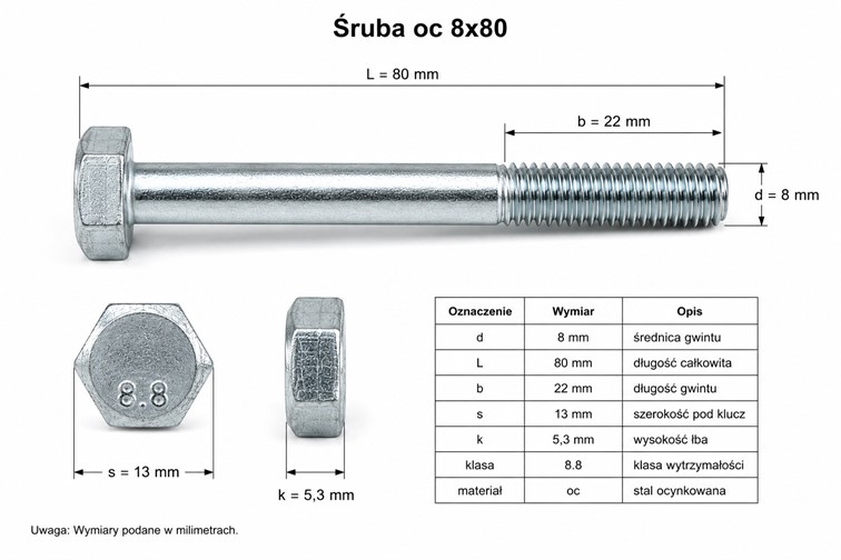 Śruba OC 8x80 1kg Chrom