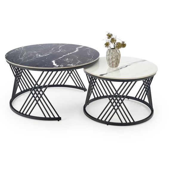 Zestaw 2 Ław FLAMINGO 80x80cm Czarny/Biały Marmur