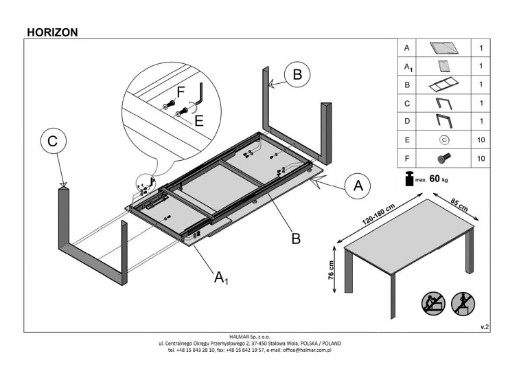 Stół Rozkładany HORIZON (180-120)x85 Popiel