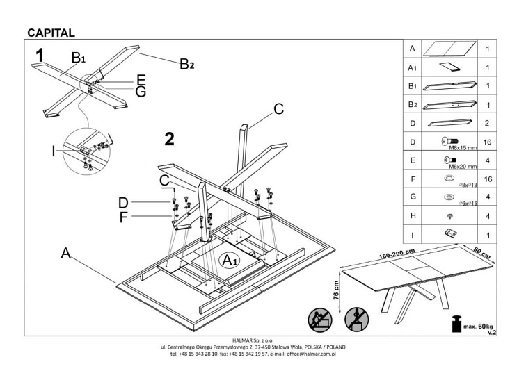 Stół Rozkładany CAPITAL (160-200)x90 Dąb Złoty