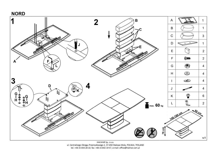 Stół Rozkładany NORD (180-140)x80 Biało Czarny