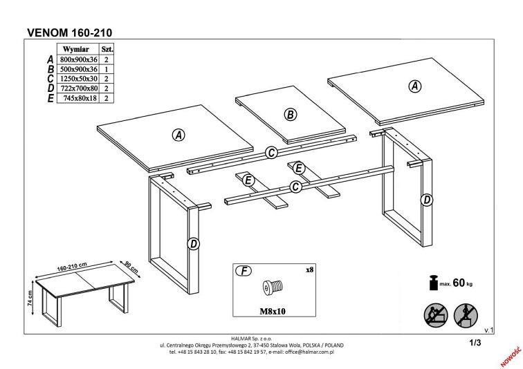 Stół Rozkładany VENOM (160-210)x90 Dąb/Czarny