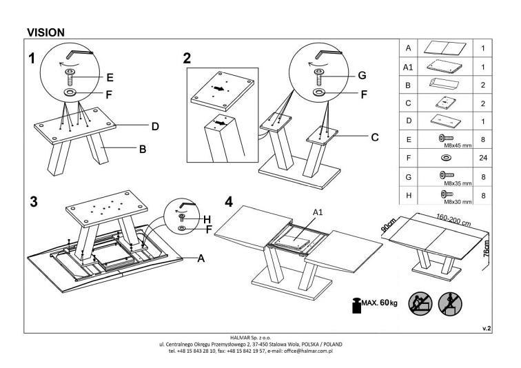 Stół Rozkładany MONACO (210-160)x90 Biały Popiel