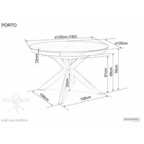 Stół Rozkładany PORTO Ceramic (160-120)x120cm Biały Połysk/Czarny Mat