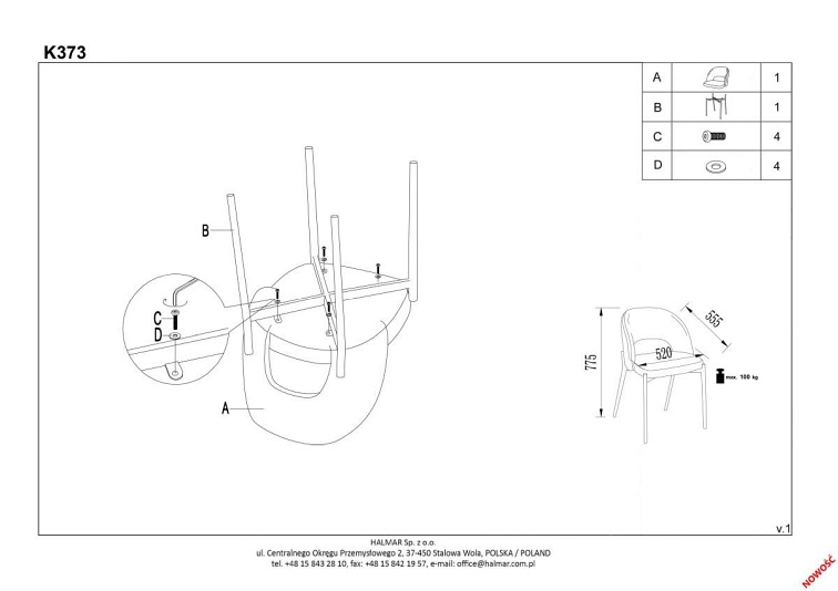 Zestaw 6x Krzesło K373 Czarny/Beżowy