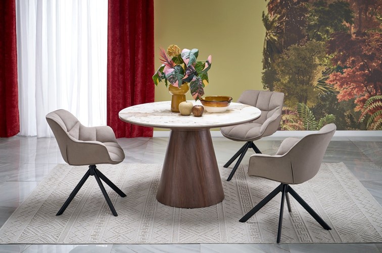 Stół Okrągły ARANI fi120 Beżowy Marmur/Orzechowy