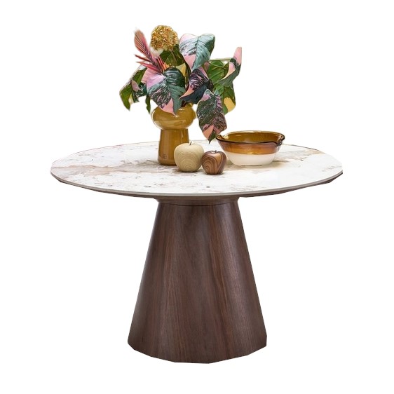 Stół Okrągły ARANI fi120 Beżowy Marmur/Orzechowy