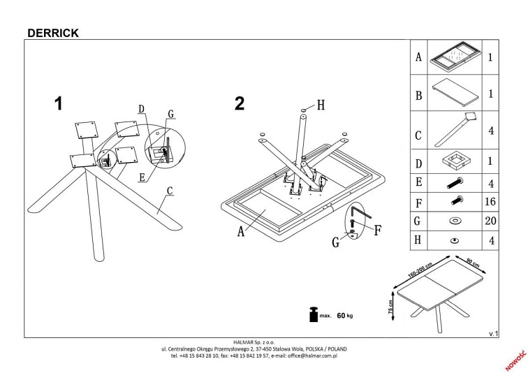 Stół Rozkładany DERRICK (160-200)x90 dąb/czarny