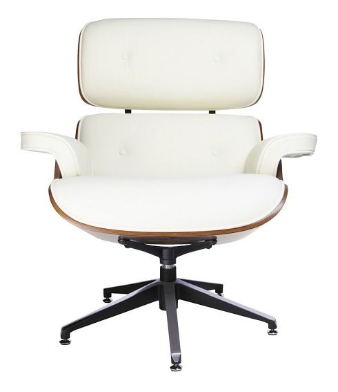 Fotel LOUNGE Biały Sklejka Orzech Skóra Naturalna