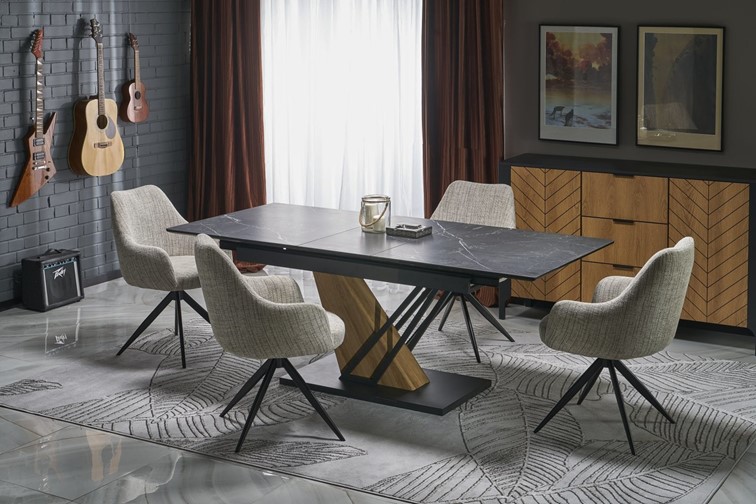 Stół Rozkładany VOLANT (160-200)x90 cm Czarny Marmur/Czarny/Dąb Złoty
