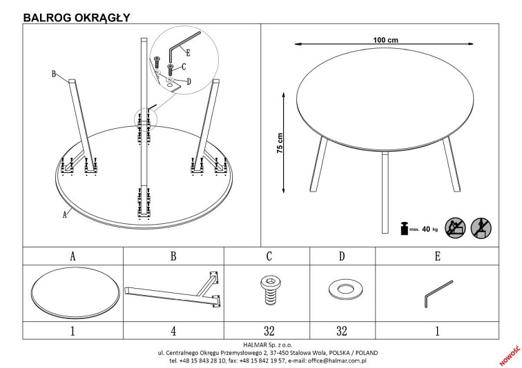Stół Okrągły BALROG fi100 Czarny/Popiel
