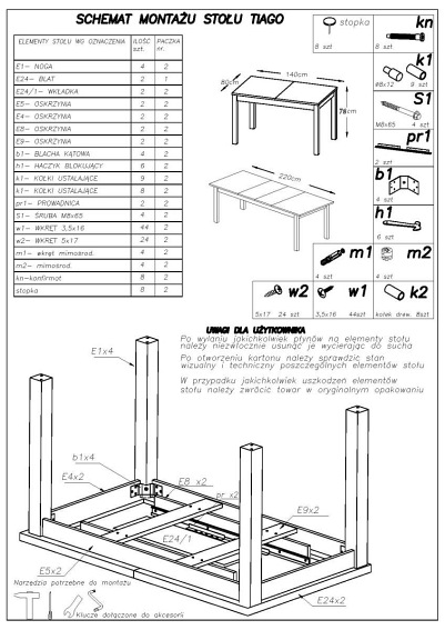 Stół Rozkładany TIAGO 2 (140-220)x80 Biały