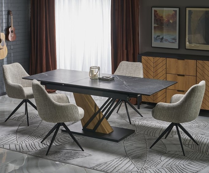 Stół Rozkładany VOLANT (160-200)x90 cm Czarny Marmur/Czarny/Dąb Złoty