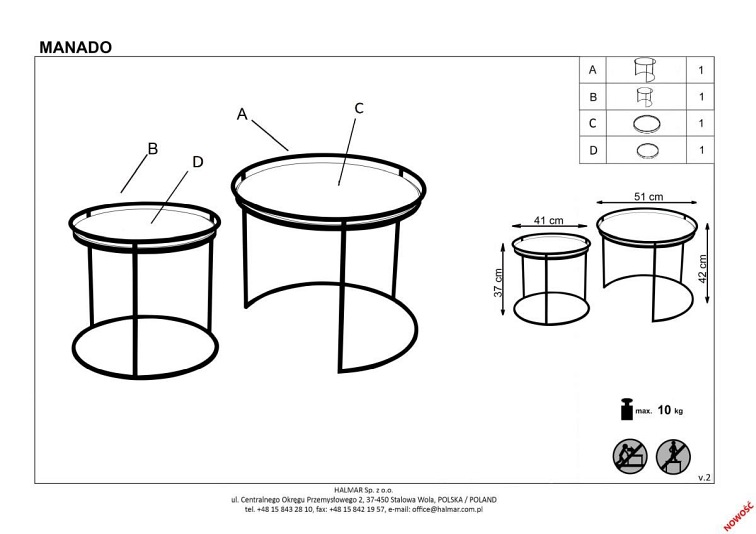 Zestaw 2 Ław Manado 51x42, 41x37 Czarny/Naturalny