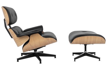 Fotel LOUNGE HM PREMIUM SZEROKI z podnóżkiem czarny - sklejka jesion, skóra naturalna