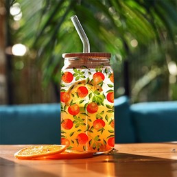 Szklanka z Pokrywką i Słomką SOLEO Pomarańcze