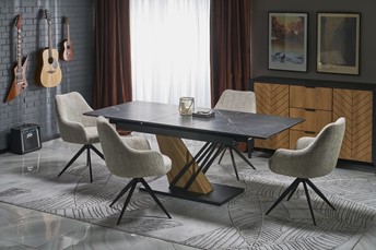 Stół Rozkładany VOLANT (160-200)x90 cm Czarny Marmur/Czarny/Dąb Złoty